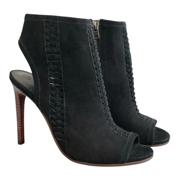 ALL SAINTS Vibrant Open Toe High Heeled Suede Ankle Booties Heels Black - Picture 2 of 10